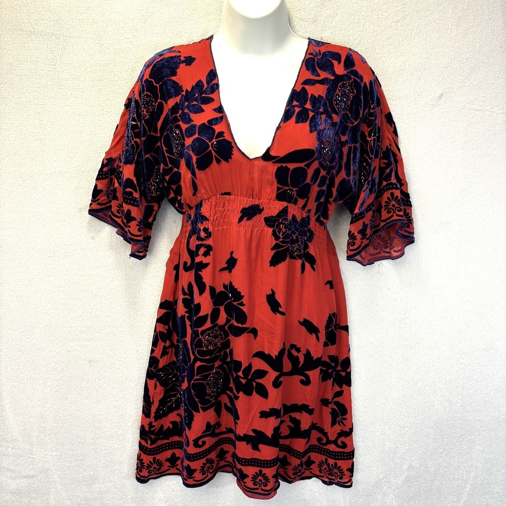 Hale Bob Silk Velvet Burnout Dress Womens XS Red Smocked V-Neck Beaded Boho